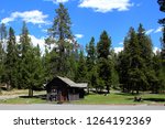 Old small rustic log cabin cottage rest stop restroom potty and rental shop in the forest woods surrounded by large pine fir trees in the mountains of Yellowstone National Park Wyoming and Montana.
