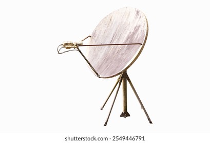 Old small satellite dish antenna isolated on background. Antenna communication technology. Telecommunication link 5G Digital Transformation connect to data Internet.