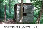 Old Small Wood house in the forest. Cabin in the John Heinz National Wildlife Refugee.