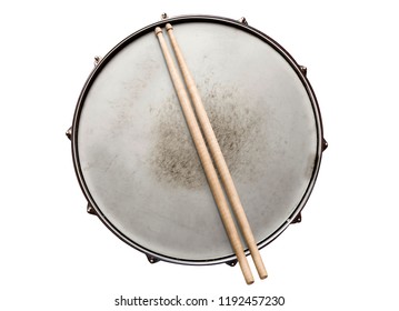 Old Snare Drum With Drumsticks Top View Isolated On White