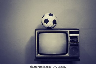 An Old Soccer Ball On A Retro TV, Black And White