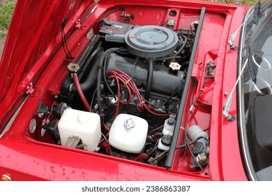 Old Soviet car gas engine. Old car engine. Detailing a USSR Classic Cars Engine Compartment.