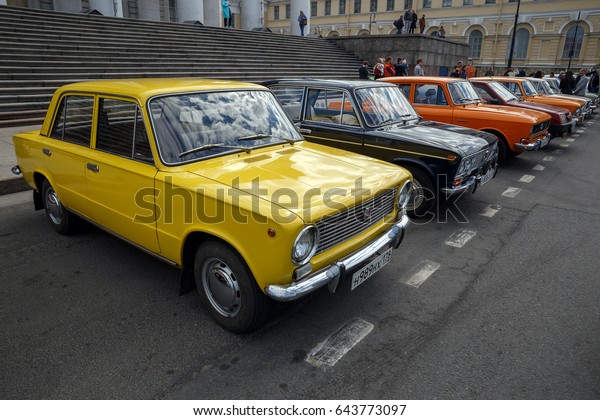 Old Soviet cars at the festival of\
retro cars May 20, 2017 in St. Petersburg,\
Russia