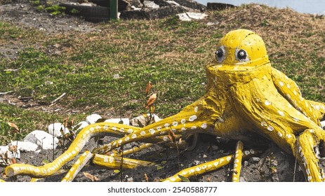 Old soviet decorations made of old tires octopus yellow handmade craft ugly - Powered by Shutterstock