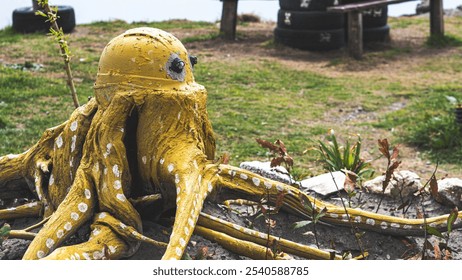 Old soviet decorations made of old tires octopus yellow handmade craft ugly - Powered by Shutterstock