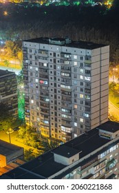 Old Soviet Panel House Type BPS At Night, Aerial View. Kyiv, Ukraine - October 2021