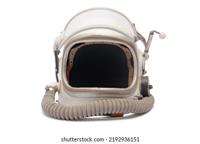 Old Space Helmet Isolated On The White Background Concept. Pilot Helmet With Open Visor. Front View.