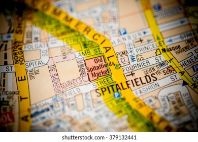 Old Spitalfields Market. London, UK Map.
