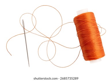 Old spool of thread and needle on a white background. Sewing accessories