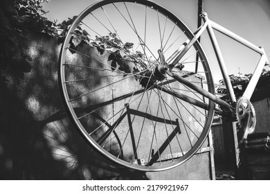 Old Sports Bike Repair Without Rubber Black And White Photo