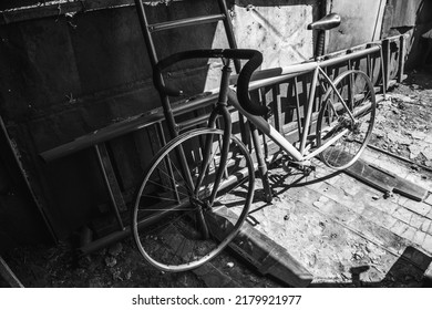 Old Sports Bike Repair Without Rubber Black And White Photo