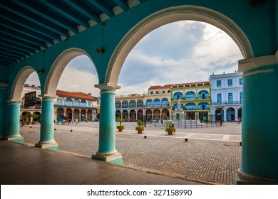 The Old Square or Plaza Vieja from the porch of the Fototeca de Cuba, Old Havana, Cuba.