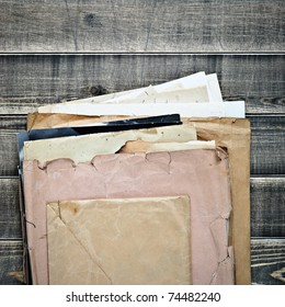 Old stack of envelopes with paper. Closeup