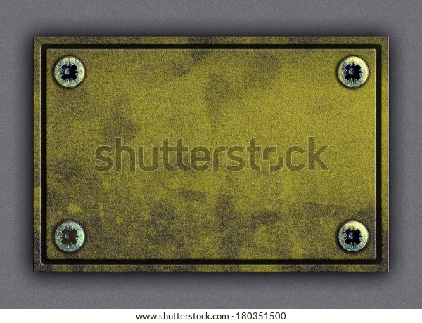 Old stain green sheet iron or cooper plate\
framed and nailed by four screws to any building or wall background\
highlighted by sun, lamp or moon\
light