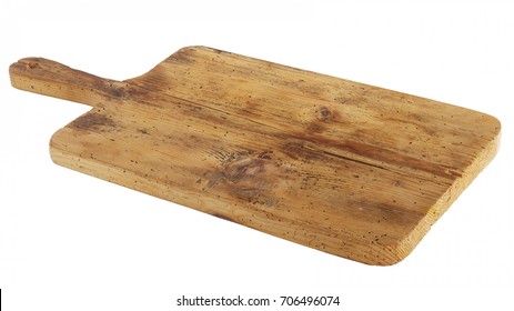 Old Stained Clean Empty Rectangular Wooden Cutting Board Isolated On White In An Oblique Low Angle View For Food Placement