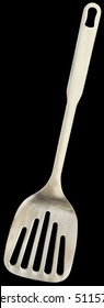 Old Stainless Steel Slotted Turner Spatula  Isolated On Black Background