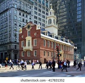 Old State House, Boston, Massachusetts. National Historic Landmark. People Walking By.