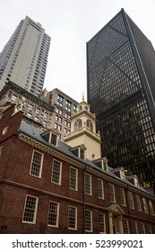 Old State House In Financial District Of Downtown Boston, Massachusetts, The United States.