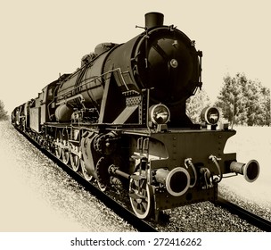 Old steam engine locomotive isolated on background. Clipping path.