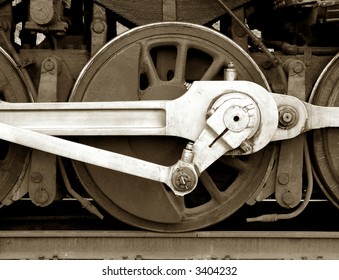 Old Steam Locomotive Engine Wheel And Rods Details In Vintage Sepia