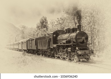 Old Steam Locomotive In Vintage Style