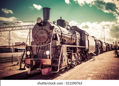 Old steam locomotive, vintage train.