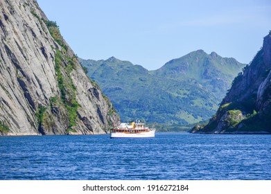 An Old Steamship In Trollfjord, Lofoten, Norway