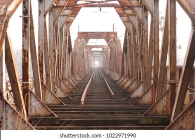 Old Steel Bridge With Broken Railroad Tracks