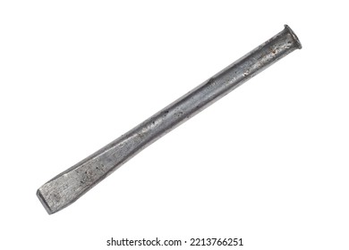 An old steel chisel on a white background. An iron chisel close-up.