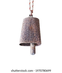 Old steel cowbell necklace with rope hanging isolated on white background , clipping path