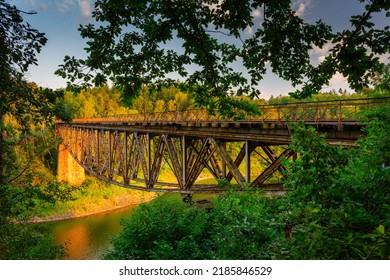 Old Steel Railway Bridge Over Lake Pilchowickie In Poland. Lower Silesia