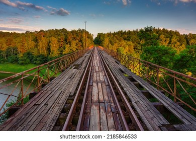 Old Steel Railway Bridge Over Lake Pilchowickie In Poland. Lower Silesia