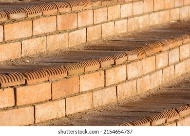 The old steps at the temple. Background of ceramic bricks and tiles.