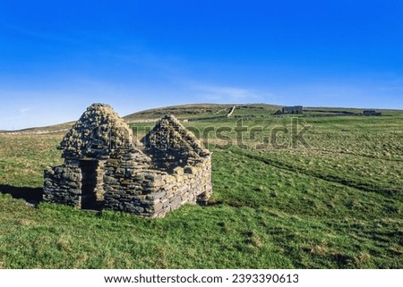 Old stone barn covered with moss on a moor in Shetland