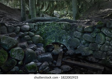 An old stone bridge in the dark evergreen forest. Ancient pine trees in the background. Natural textures. Atmospheric landscape. Picturesque scenery - Powered by Shutterstock