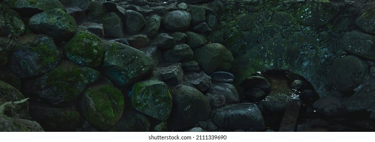 An old stone bridge in the dark evergreen forest. Natural textures, backgrounds. Atmospheric landscape. Picturesque panoramic scenery. Decoration, graphic resources, design