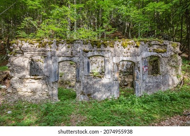 Old Stone Building Ruins In The Way Of Hiking Trail In Sella Nevea Mountains, Julian Alps, Friuli-Venezia Giulia, Italy