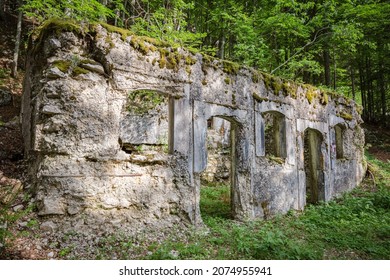 Old Stone Building Ruins In The Way Of Hiking Trail In Sella Nevea Mountains, Julian Alps, Friuli-Venezia Giulia, Italy
