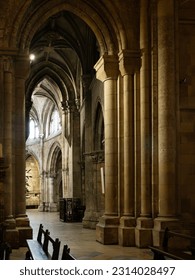Old stone columns inside 16th century cathedral church, Lisbon, Portugal