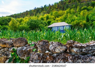 an old stone fence in a village, a country house with a vegetable garden, a forest on a hill and wild grass, beautiful summer landscape, a bright sunny day in summer - Powered by Shutterstock