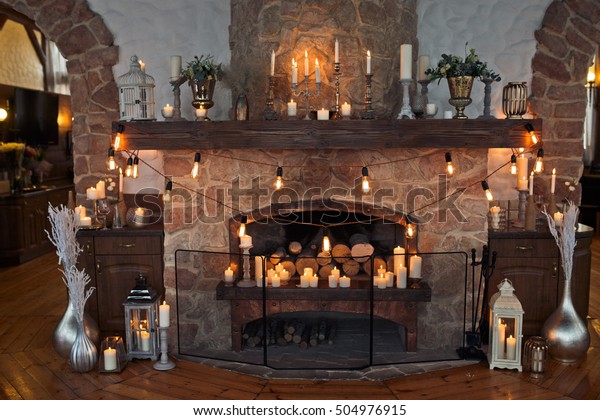 Old Stone Fireplace Decorated Electric Bulbs Objects Interiors