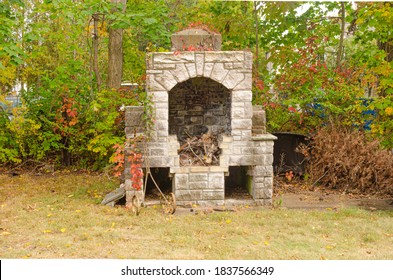 Old Stone Fireplace Outdoors In The Fall