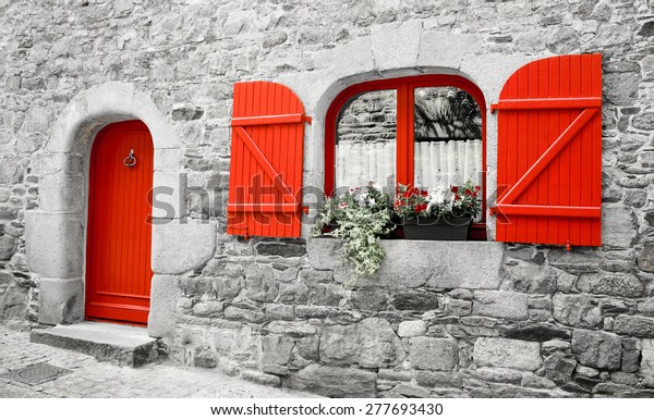 Old Stone House Red Wooden Shutters Buildings Landmarks