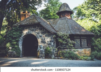 Old Stone Pumphouse In Tudor Revival Architecture At Ringwood State Park, NJ In Vintage Setting