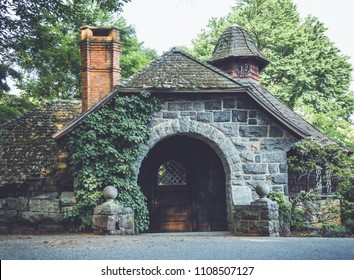 Old Stone Pumphouse In Tudor Revival Architecture At Ringwood State Park, NJ In Vintage Setting