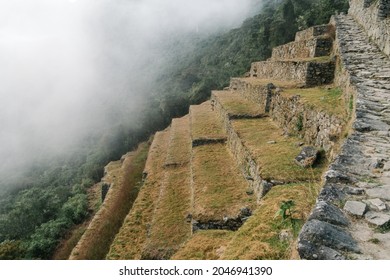 Old Stone Stairs At Machu Picchu In Thick Fog