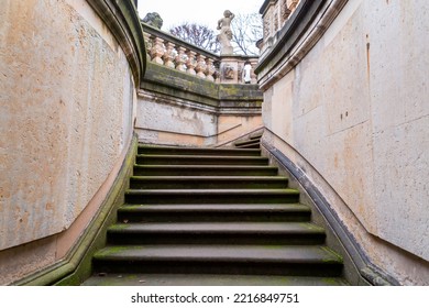 Old Stone Stairway On A Winter Day In Dresden Old Town Streets, Altstadt.