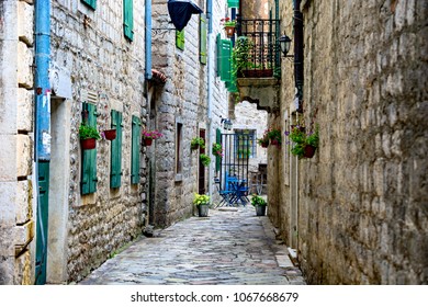 Old Stone Town In Kotor. Narrow Streets Among Houses