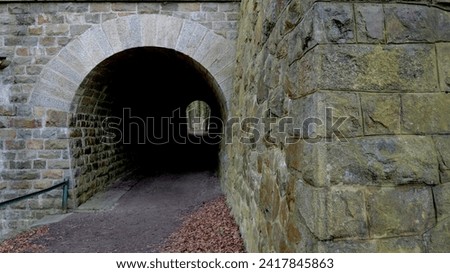 An old stone tunnel in an autumn forest.