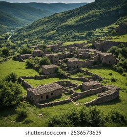 Old Stone Village on a Cliffside: A deserted stone village on a cliff with views of green valleys and distant mountains. - Powered by Shutterstock